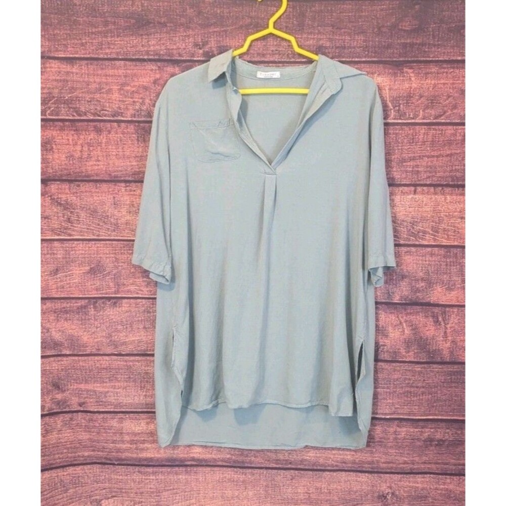 Boho Green V-Neck Tunic Roll Tab Sleeve‎ Lagen Look Cover Up Size M Ekouaer